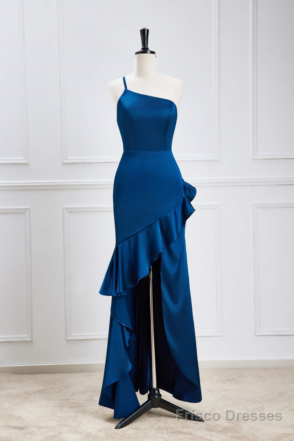 Blue One Shoulder Ruffle Satin Mermaid Maxi Dress Main image