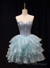 Blue Organza Crystal Homecoming Dress