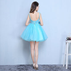 Blue Organza Mini Party Dress With Embroidery Homecoming Dress, Blue Short Dress