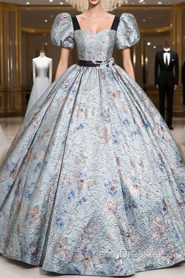 Blue Print Short Sleeve Sequare Neck Quinceanera Dress Main image