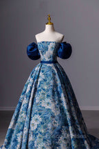 Blue Printed Long A-Line Formal Prom Dress, Blue Off the Shoulder Formal Evening Dress