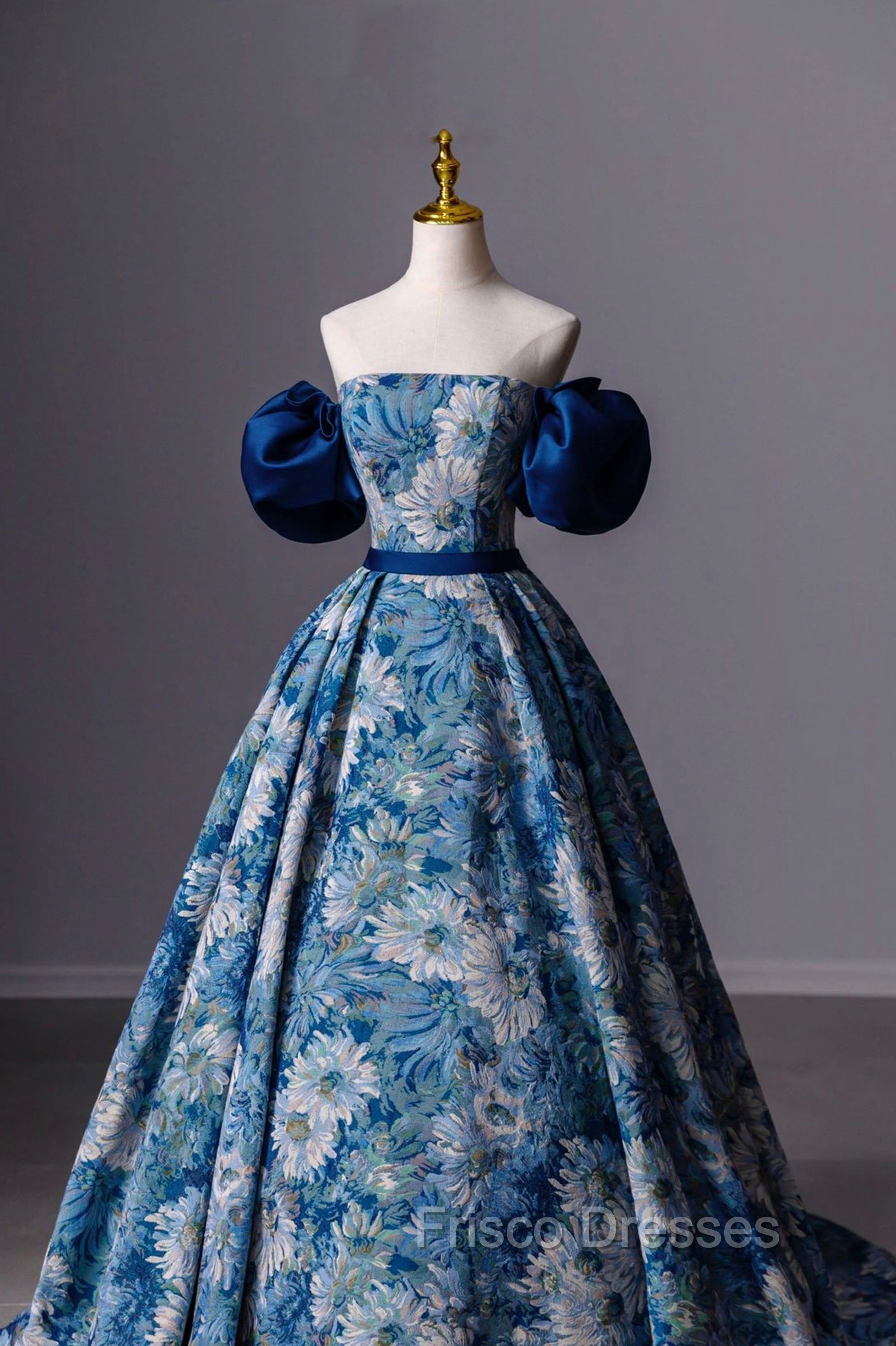 Blue Printed Long A-Line Formal Prom Dress, Blue Off the Shoulder Formal Evening Dress