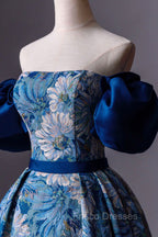 Blue Printed Long A-Line Formal Prom Dress, Blue Off the Shoulder Formal Evening Dress
