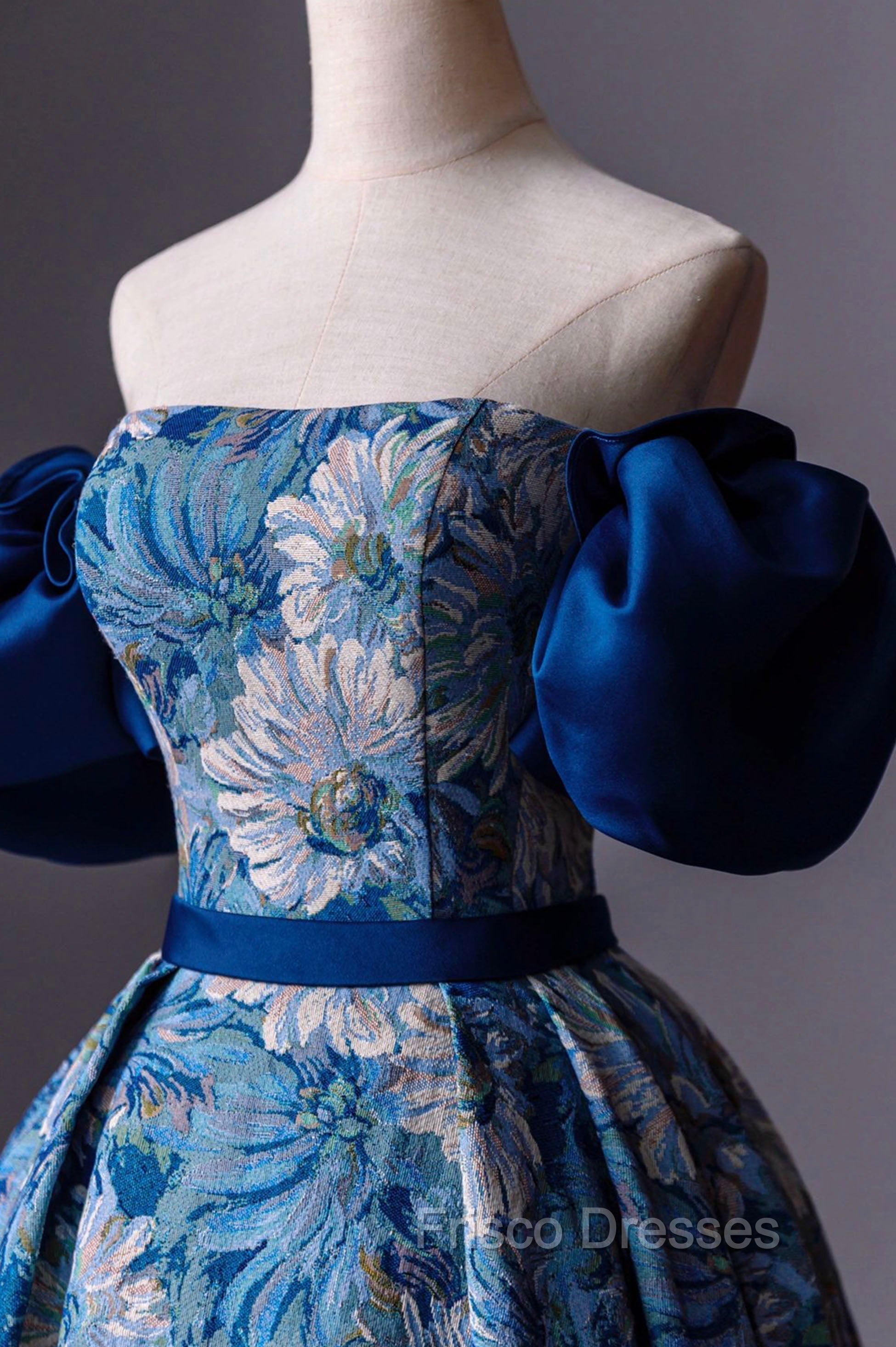Blue Printed Long A-Line Formal Prom Dress, Blue Off the Shoulder Formal Evening Dress