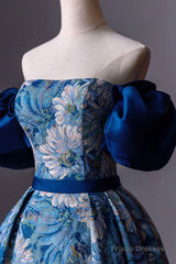 Blue Printed Long A-Line Prom Dress, Blue Off the Shoulder Formal Evening Dress
