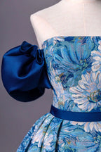 Blue Printed Long A-Line Formal Prom Dress, Blue Off the Shoulder Formal Evening Dress