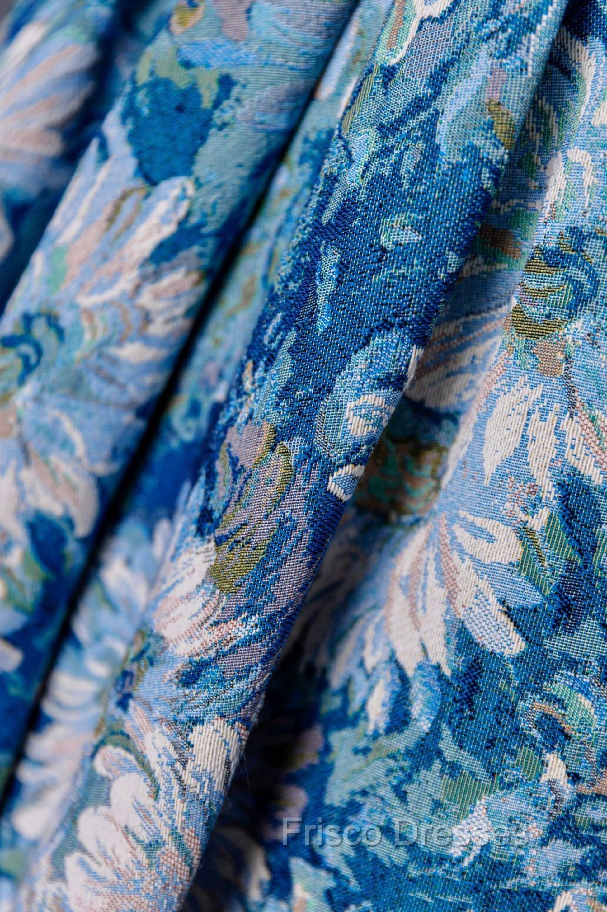 Blue Printed Long A-Line Formal Prom Dress, Blue Off the Shoulder Formal Evening Dress