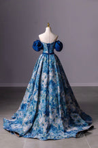 Blue Printed Long A-Line Formal Prom Dress, Blue Off the Shoulder Formal Evening Dress