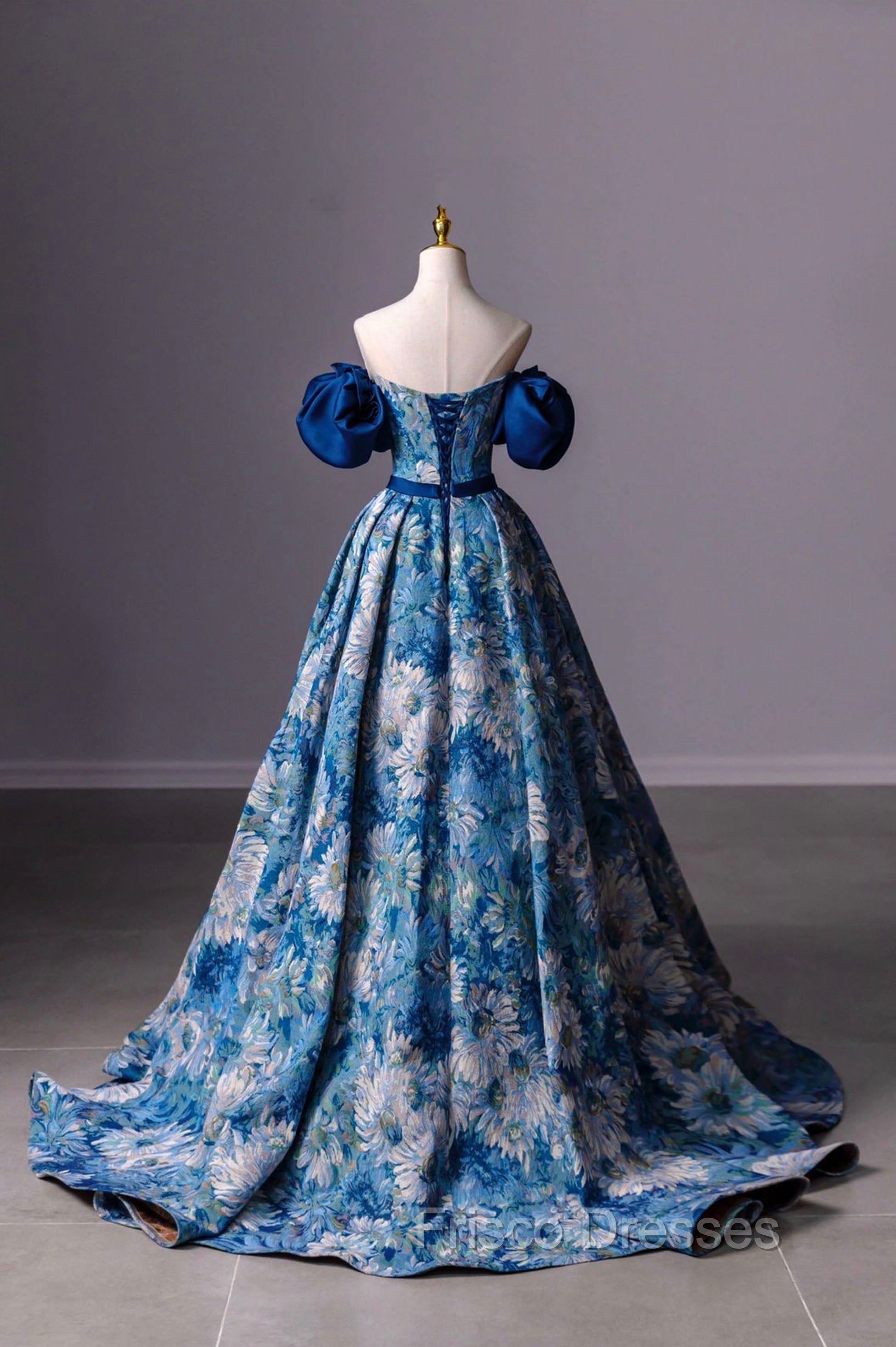 Blue Printed Long A-Line Formal Prom Dress, Blue Off the Shoulder Formal Evening Dress