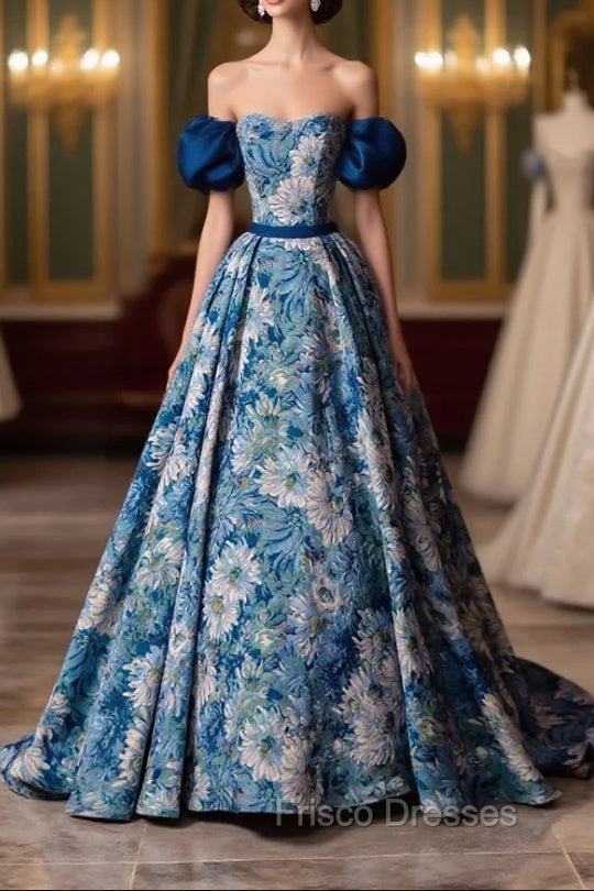 Blue Printed Long A-Line Formal Prom Dress, Blue Off the Shoulder Formal Evening Dress Main image
