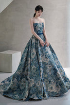 Blue Printed Strapless Ball Gown, A-Line Off The Shoulder Formal Dress
