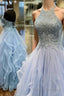 Baby Blue Formal Prom Dresses A Line Halter Long Party Evening Dresses with Appliques Open Back