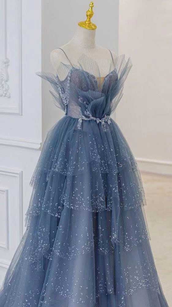Blue Gorgeous Shiny Elegant Applique Long Tulle Ball Gown Evening Gown Graduation Dress