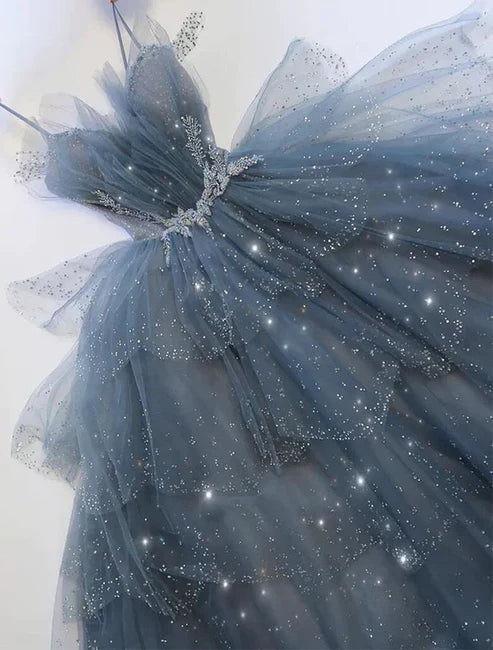 Blue Gorgeous Shiny Elegant Applique Long Tulle Ball Gown Evening Gown Graduation Dress