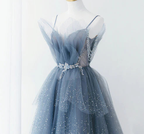 Blue Gorgeous Shiny Elegant Applique Long Tulle Ball Gown Evening Gown Graduation Dress