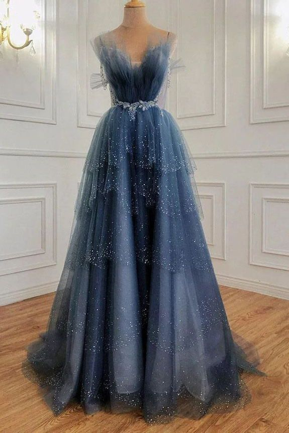 Blue Gorgeous Shiny Elegant Applique Long Tulle Ball Gown Evening Gown Graduation Dress
