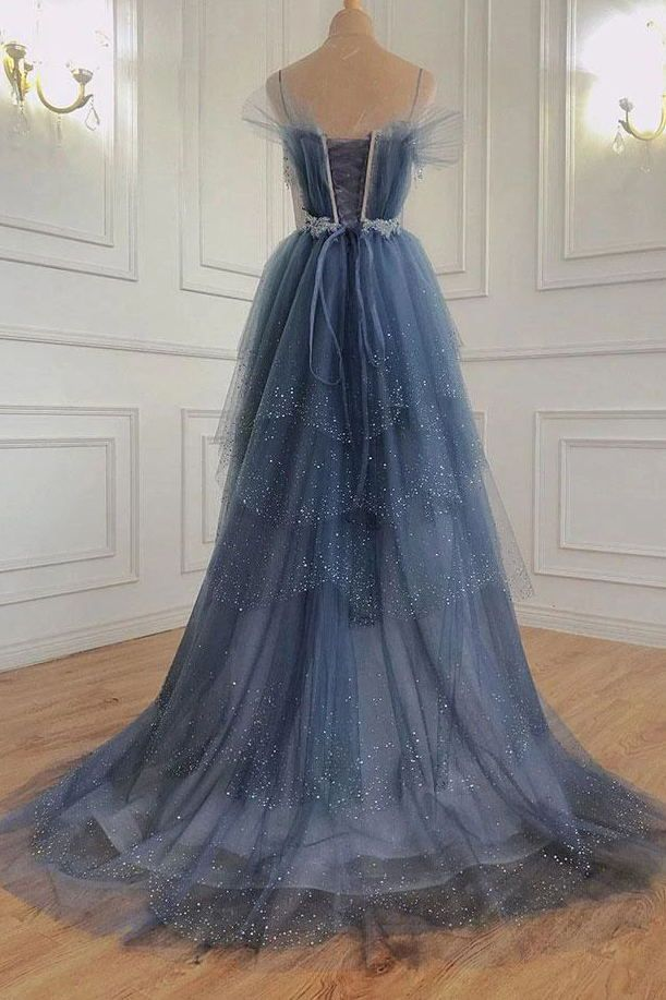 Blue Gorgeous Shiny Elegant Applique Long Tulle Ball Gown Evening Gown Graduation Dress