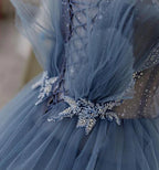 Blue Gorgeous Shiny Elegant Applique Long Tulle Ball Gown Evening Gown Graduation Dress