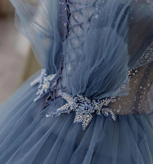 Blue Gorgeous Shiny Elegant Applique Long Tulle Ball Gown Evening Gown Graduation Dress