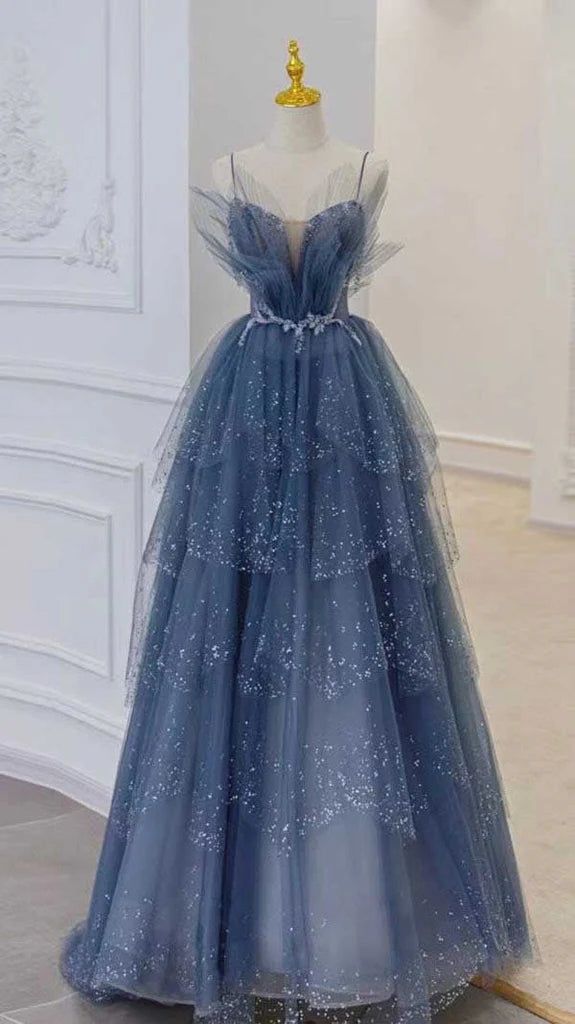 Blue Gorgeous Shiny Elegant Applique Long Tulle Ball Gown Evening Gown Graduation Dress Main image