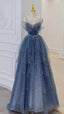 Blue Gorgeous Shiny Elegant Applique Long Tulle Ball Gown Evening Gown Graduation Dress