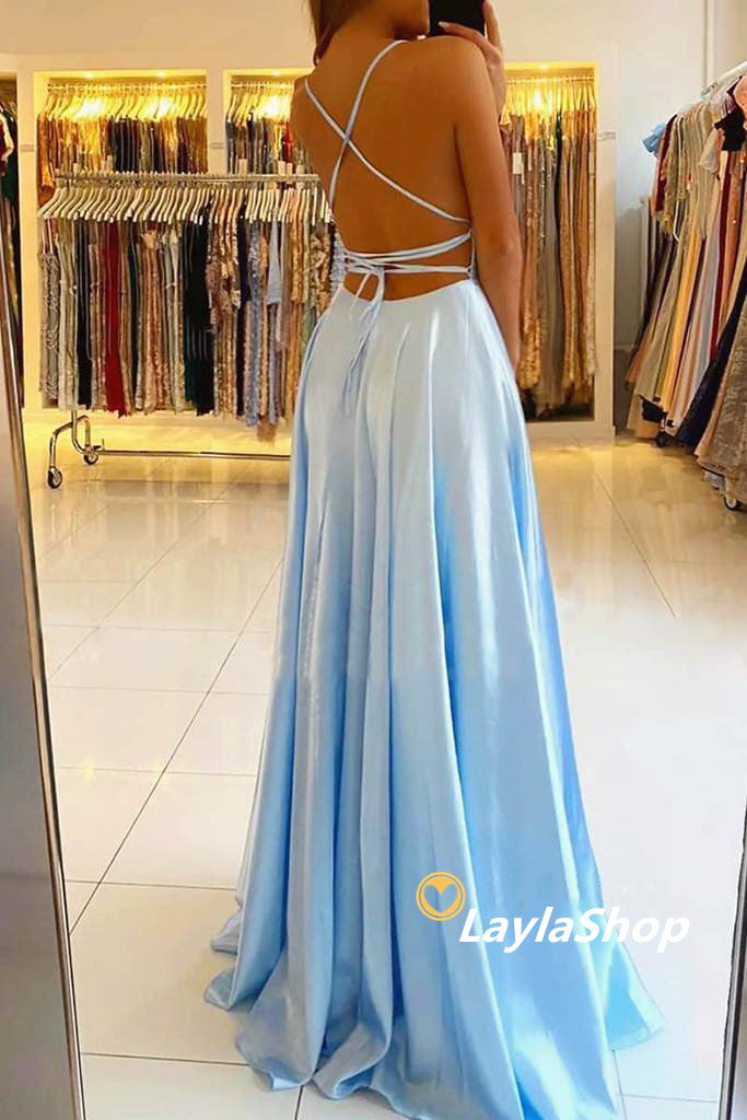 Blue Prom Dresses,Halter Long Evening Dress With Side Slit Secondary image
