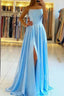 Blue Prom Dresses,Halter Long Evening Dress With Side Slit