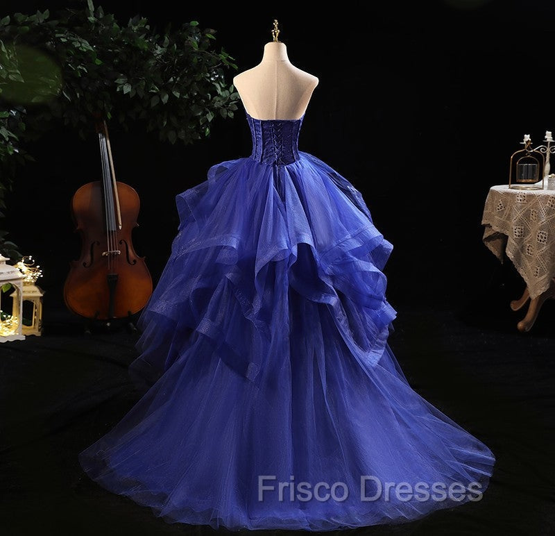 Blue Formal Prom Dress Ruffles Tiered Crystal Beaded Top FormalParty Dress, High Low Formal Prom Dress