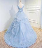 Blue Formal Prom Dress V-neck Ball Gown Sweep Train Party Dress, Sweet 16 Gown