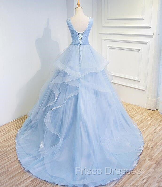 Blue Formal Prom Dress V-neck Ball Gown Sweep Train Party Dress, Sweet 16 Gown