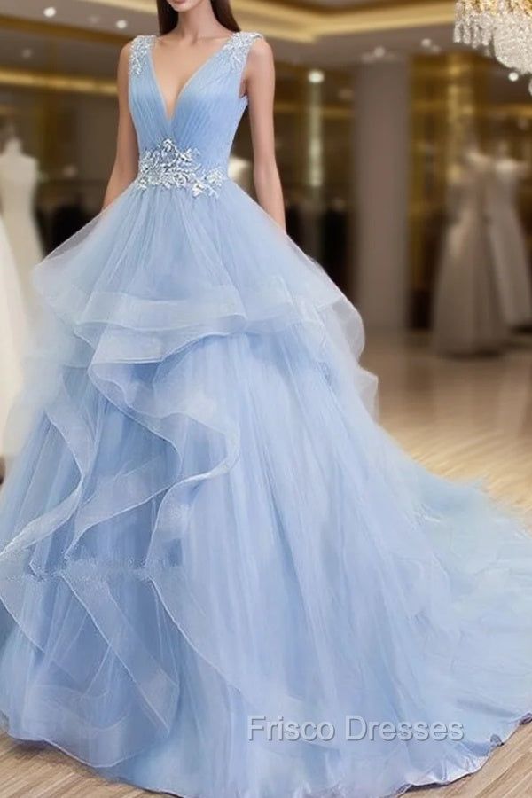 Blue Formal Prom Dress V-neck Ball Gown Sweep Train Party Dress, Sweet 16 Gown