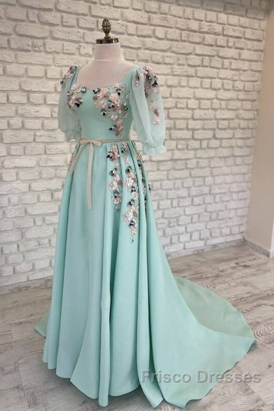 Blue Puffy Sleeve Dress With 3D Flowers Secondary image