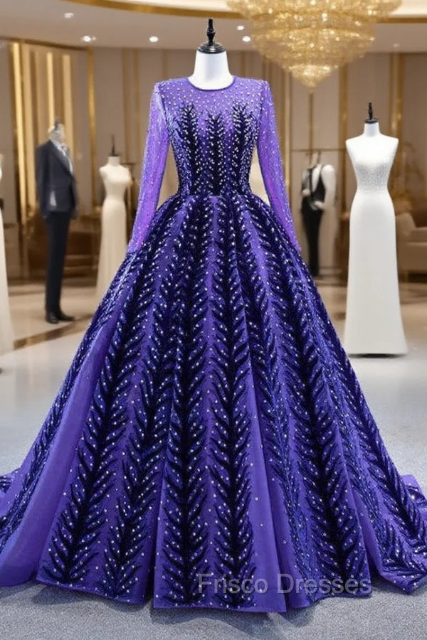 Blue Purple Tulle Beading Long Sleeve Formal Prom Dress Main image