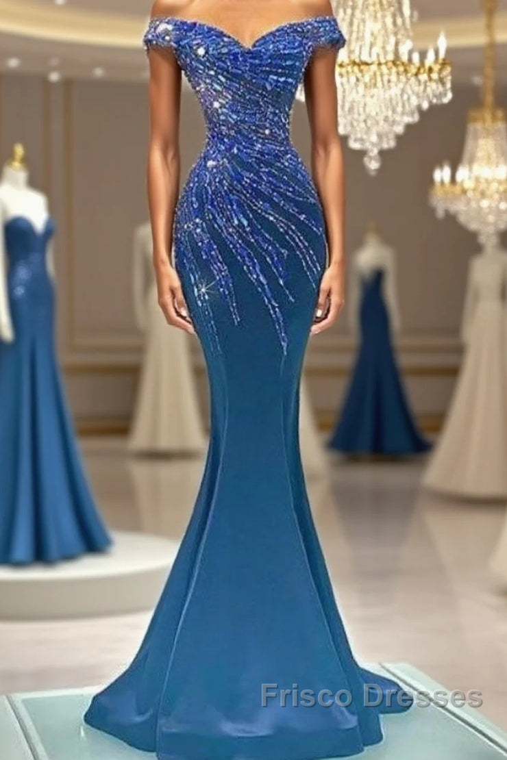 Blue Robe De Soiree Mermaid Off The Shoulder Beaded Crystals Long Formal Prom Dress Formal Prom Gown Evening Dress Main image