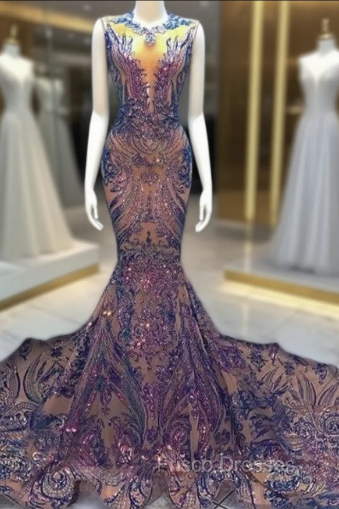 Blue Robe De Soiree Mermaid Scoop Appliques Sequins See Through Long Formal Prom Dress Formal Prom Gown Evening Dress Main image