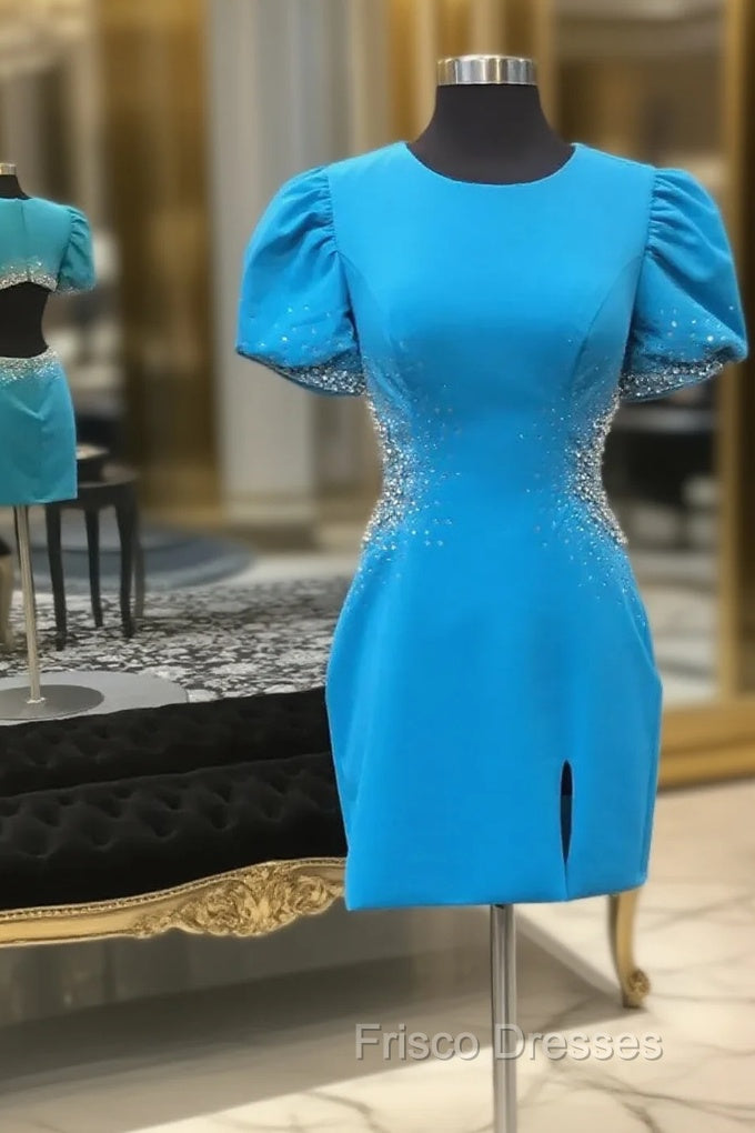 Blue Round Neck Beaded Bodycon Short Homecoming Dress with Puff Sleeves Main image