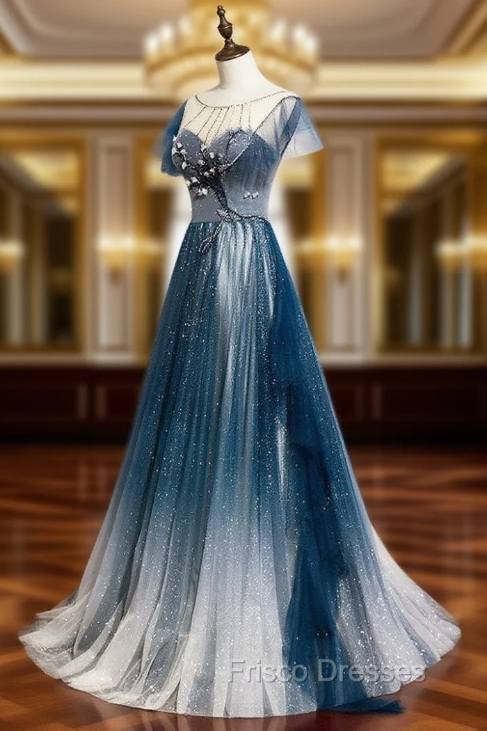 Blue Round Neck Tulle Beads Long Formal Prom Dress, Blue Evening Dress Main image