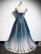 Blue Round Neck Tulle Beads Long Formal Prom Dress, Blue Evening Dress