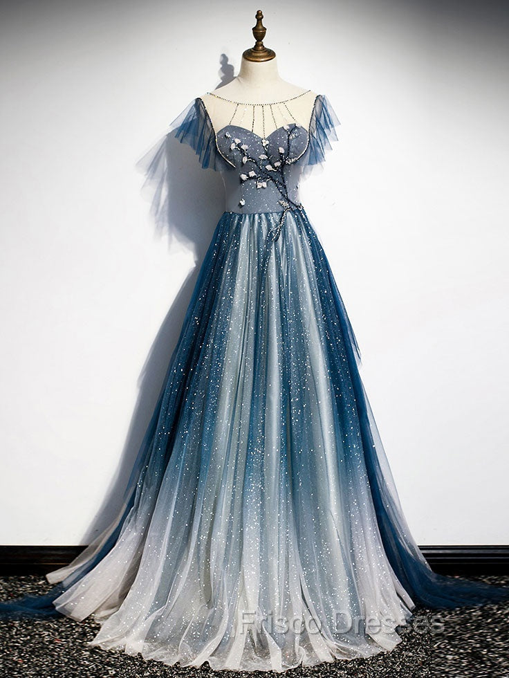 Blue Round Neck Tulle Beads Long Formal Prom Dress, Blue Evening Dress