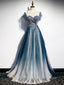 Blue Round Neck Tulle Beads Long Formal Prom Dress, Blue Evening Dress