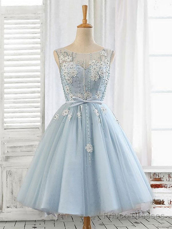 Blue Round Neck Tulle Beads Tulle Short Prom Dress, Blue Homecoming Dress Main image