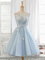 Blue Round Neck Tulle Beads Tulle Short Prom Dress, Blue Homecoming Dress