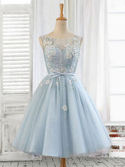 Blue Round Neck Tulle Beads Tulle Short Prom Dress, Blue Homecoming Dress