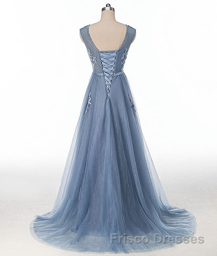 Blue round neck tulle lace applique long Formal Prom Dresses, blue evening Dresses