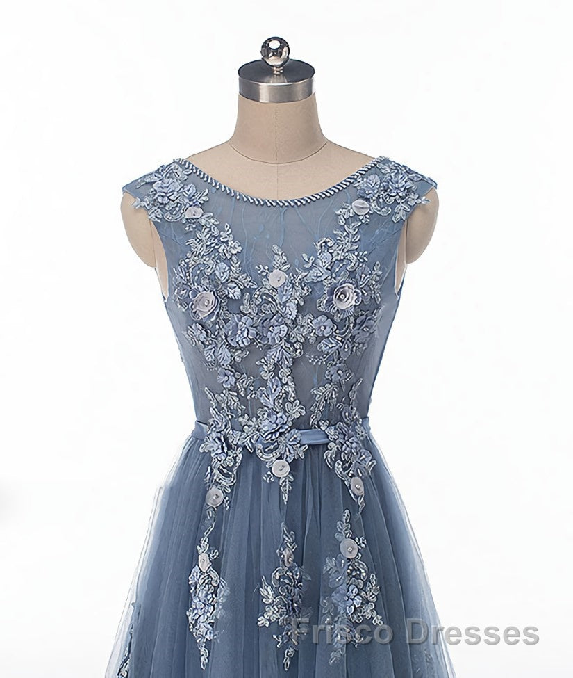 Blue round neck tulle lace applique long Formal Prom Dresses, blue evening Dresses