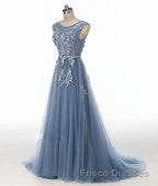 Blue round neck tulle lace applique long Formal Prom Dresses, blue evening Dresses