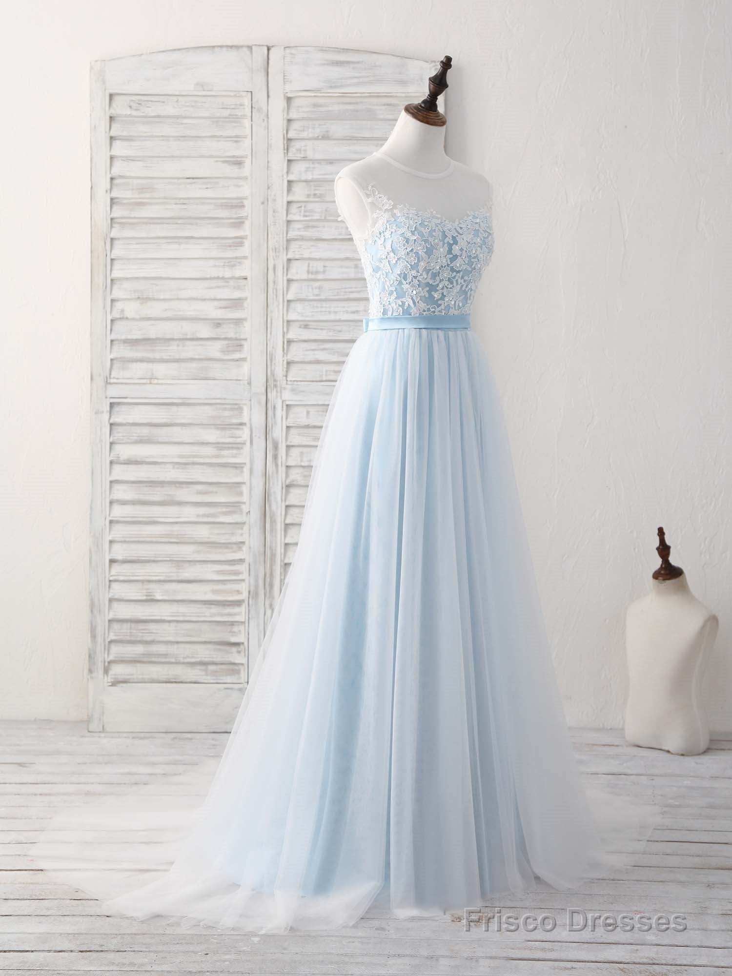 Blue Round Neck Tulle Lace Applique Long Prom Dresses Secondary image