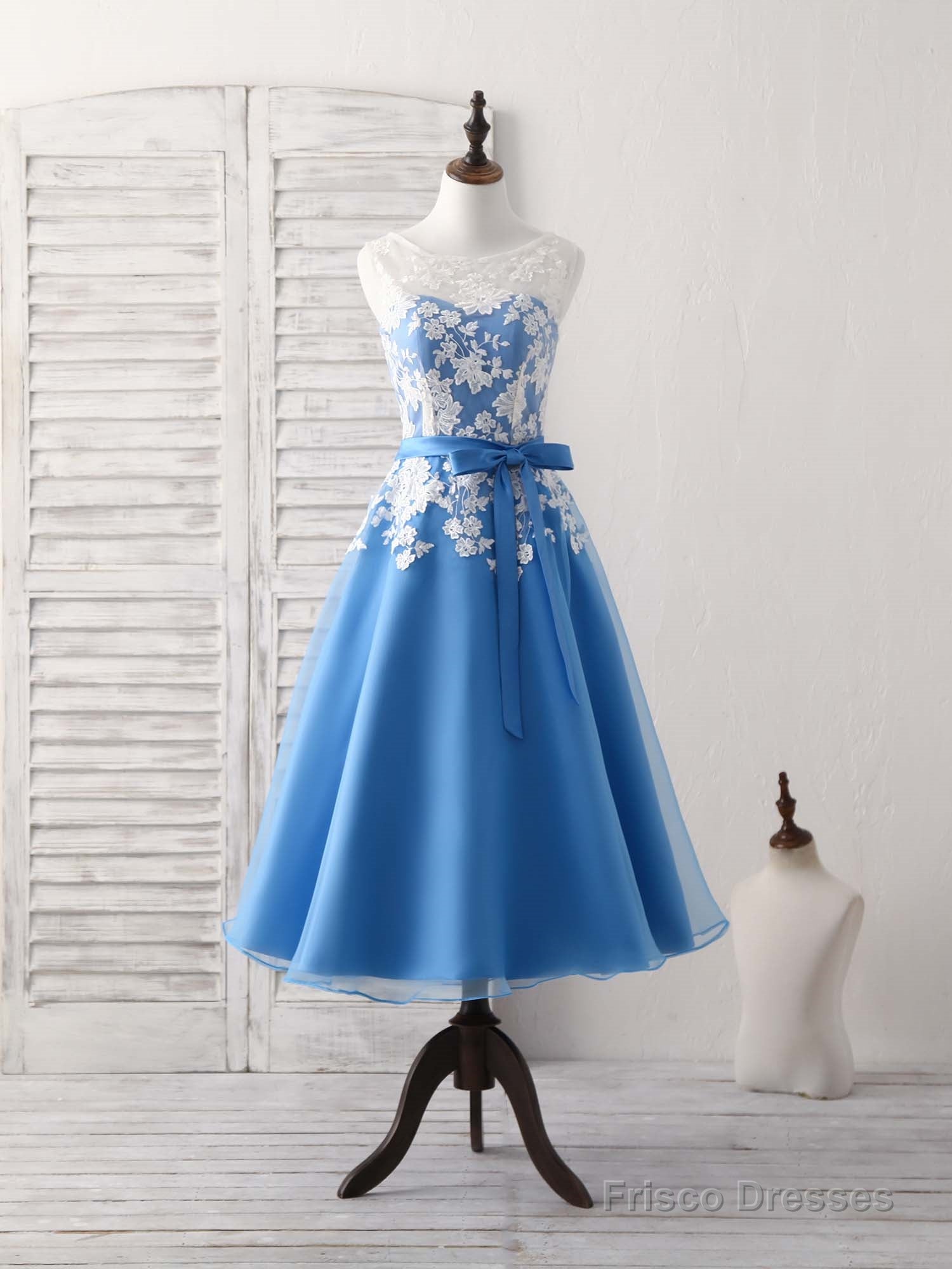 Blue Round Neck Tulle Lace Applique Tea Long Prom Dress, Bridesmaid Dress Main image