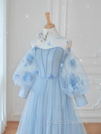 Blue Round Neck Tulle Lace Long Formal Prom Dress, Blue Tulle Evening Dress