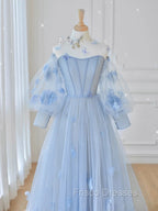 Blue Round Neck Tulle Lace Long Formal Prom Dress, Blue Tulle Evening Dress